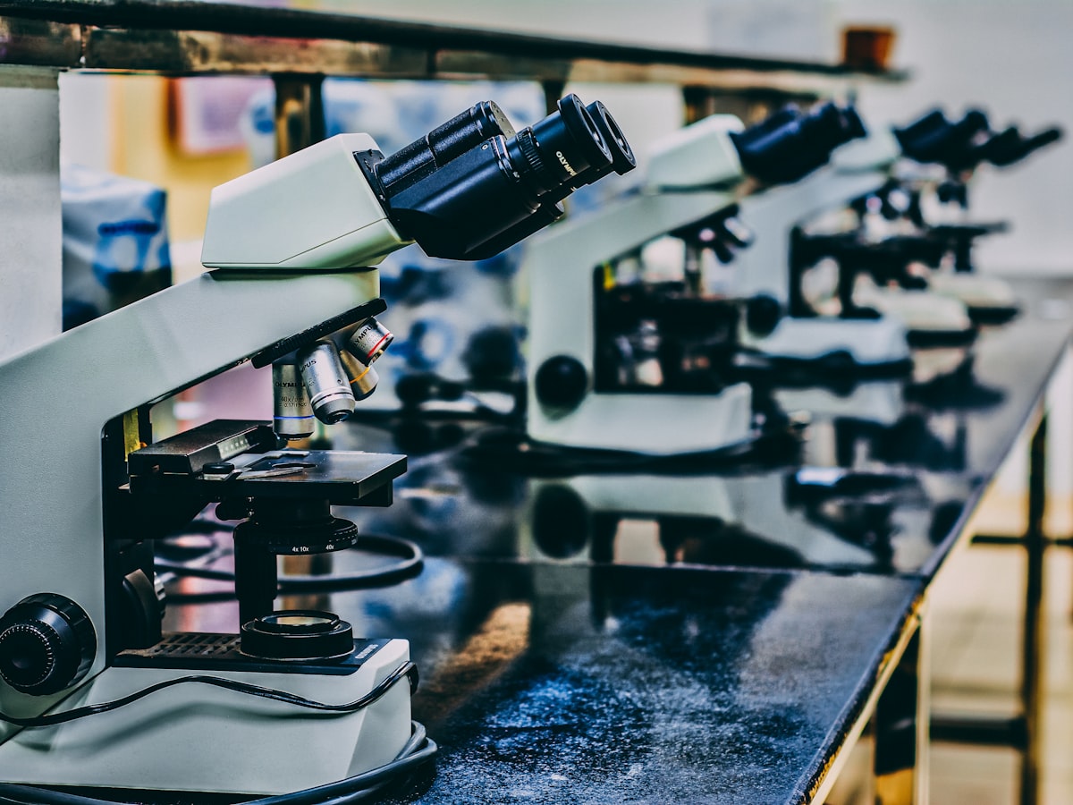 Laboratory microscope on a bench